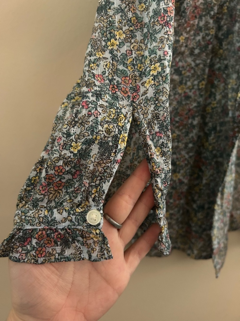 LOFT Floral Ruffle Neck Button-Down Blouse - Picture 4 of 5